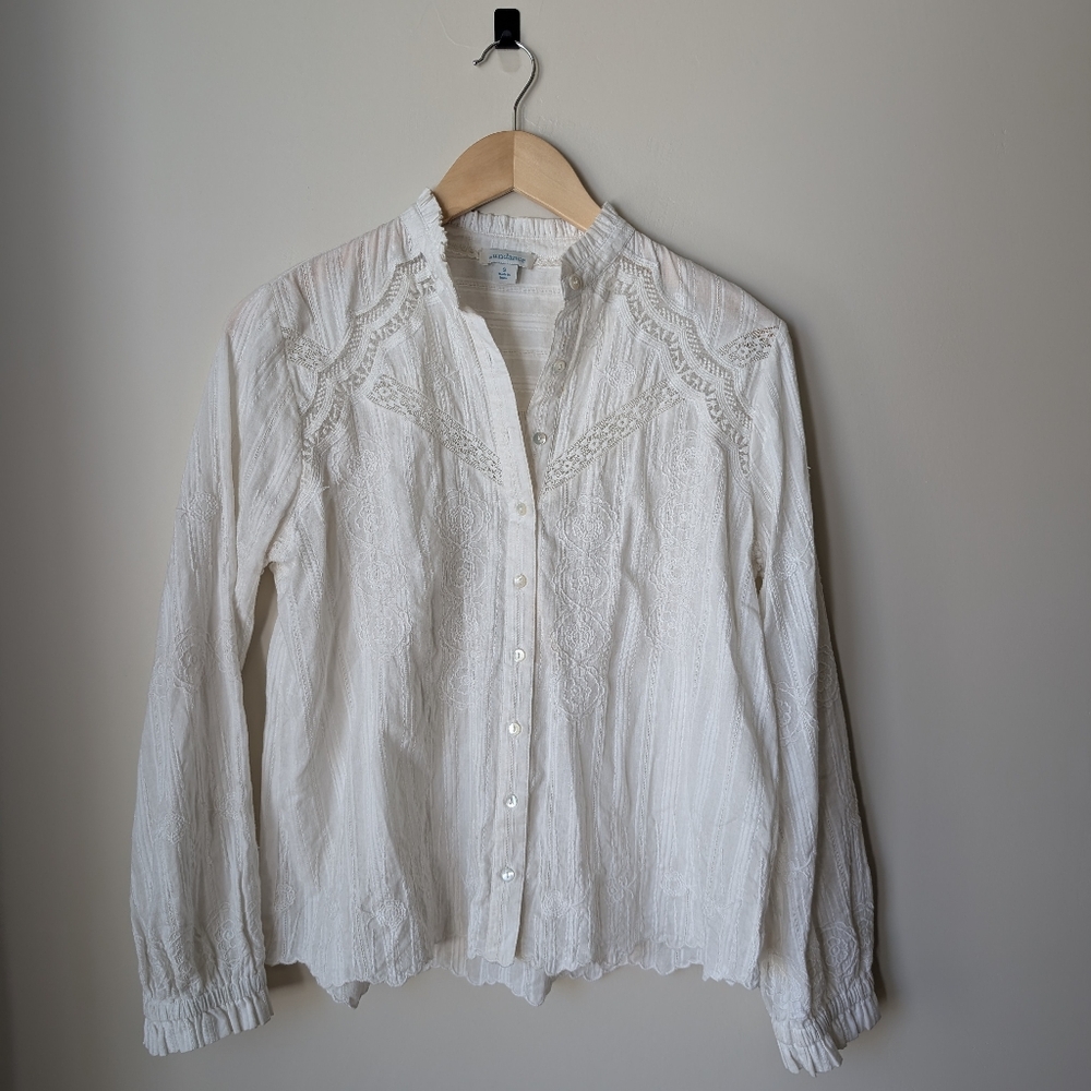 Sundance White Button-Front Lace Trim Shirt